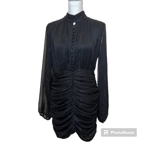 House of Harlow 1960 Black with Sparkle Thread Ruched Long Sleeve Dress - Picture 1 of 16